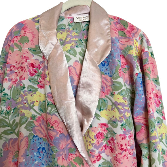 Vintage Victorias Secret Gold Label Pink Floral Satin Sleep Shirt M Long Sleeve - Picture 2 of 5